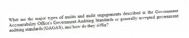 What are the major types of audits and audit engagements described in the Government Accountability Office's Government Auditing Standards or generally accepted government auditing standards (GAGAS), and how do they differ?