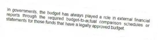 In governments, the budget has always played a role in external financial reports through the required budget-to-actual comparison schedules or statements for those funds that have a legally approved budget.