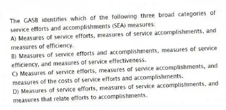 The GASB identifies which of the following three broad categories of service efforts and accomplishments (SEA) measures:
A) Measures of service efforts, measures of service accomplishments, and measures of efficiency.
B) Measures of service efforts and accomplishments, measures of service efficiency, and measures of service effectiveness.
C) Measures of service efforts, measures of service accomplishments, and measures of the costs of service efforts and accomplishments.
D) Measures of service efforts, measures of service accomplishments, and measures that relate efforts to accomplishments.