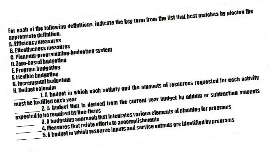 For each of the following definitions, indicate the key term from the list that best matches by placing the appropriate definition.
A. Efficiency measures
B. Effectiveness measures
C. Planning-programming-budgeting system
D. Zero-based budgeting
E. Program budgeting
F. Flexible budgeting
G. Incremental budgeting
H. Budget calendar
________ 1. A budget in which each activity and the amounts of resources requested for each activity must be justified each year
________ 2. A budget that is derived from the current year budget by adding or subtracting amounts expected to be required by line-items
________ 3. A budgeting approach that integrates various elements of planning for programs
________ 4. Measures that relate efforts to accomplishments
________ 5. A budget in which resource inputs and service outputs are identified by programs