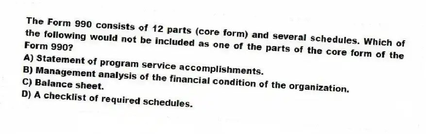 The Form 990 consists of 12 parts (core form) and several schedules. Which of the following would not be included as one of the parts of the core form of the Form 990?
A) Statement of program service accomplishments.
B) Management analysis of the financial condition of the organization.
C) Balance sheet.
D) A checklist of required schedules.