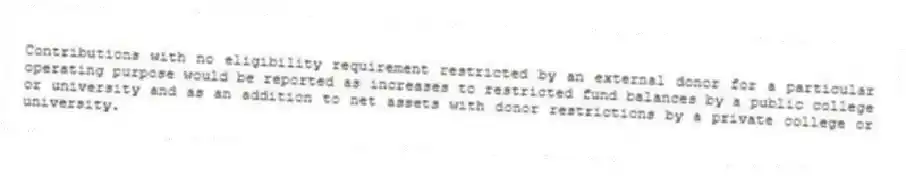 Contributions with no eligibility requirement restricted by an external donor for a particular operating purpose would be reported as increases to restricted fund balances by a public college or university and as an addition to net assets with donor restrictions by a private college or university.