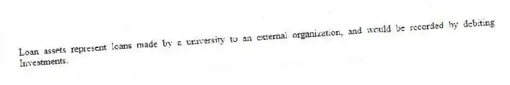 Loan assets represent loans made by a university to an external organization, and would be recorded by debiting Investments.