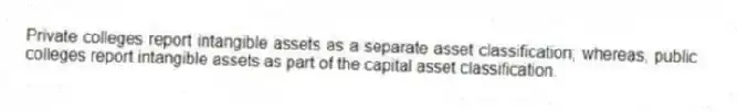 Private colleges report intangible assets as a separate asset classification; whereas, public colleges report intangible assets as part of the capital asset classification.