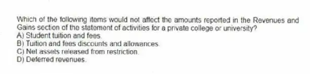 Which of the following items would not affect the amounts reported in the Revenues and Gains section of the statement of activities for a private college or university?
A) Student tuition and fees.
B) Tuition and fees discounts and allowances.
C) Net assets released from restriction.
D) Deferred revenues.