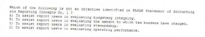 Which of the following is not an objective identified in FASAB Statement of Accounting and Reporting Concepts No. 1 ?
A) To assist report users in evaluating budgetary integrity.
B) To assist report users in evaluating the extent to which tax burdens have changed.
C) To assist report users in evaluating stewardship.
D) To assist report users in evaluating operating performance.