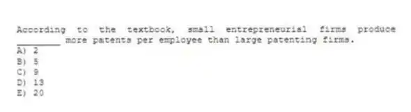According to the textbook, small entrepreneurial firms produce ________ more patents per employee than large patenting firms.
A) 2
B) 5
C) 9
D) 13
E) 20