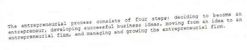 The entrepreneurial process consists of four steps: deciding to become an entrepreneur, developing successful business ideas, moving from an idea to an entrepreneurial firm, and managing and growing the entrepreneurial firm.