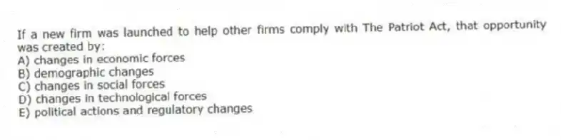 If a new firm was launched to help other firms comply with The Patriot Act, that opportunity was created by:
A) changes in economic forces
B) demographic changes
C) changes in social forces
D) changes in technological forces
E) political actions and regulatory changes