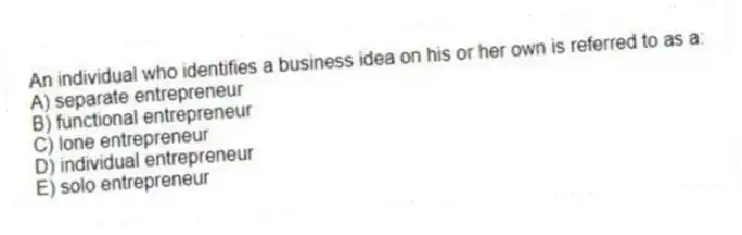 An individual who identifies a business idea on his or her own is referred to as a:
A) separate entrepreneur
B) functional entrepreneur
C) lone entrepreneur
D) individual entrepreneur
E) solo entrepreneur