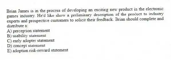 Brian James is in the process of developing an exciting new product in the electronic games industry. He'd like show a preliminary description of the product to industry experts and prospective customers to solicit their feedback. Brian should complete and distribute a:
A) perception statement
B) usability statement
C) early adopter statement
D) concept statement
E) adoption risk-reward statement