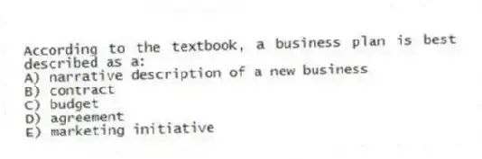 According to the textbook, a business plan is best described as a:
A) narrative description of a new business
B) contract
C) budget
D) agreement
E) marketing initiative