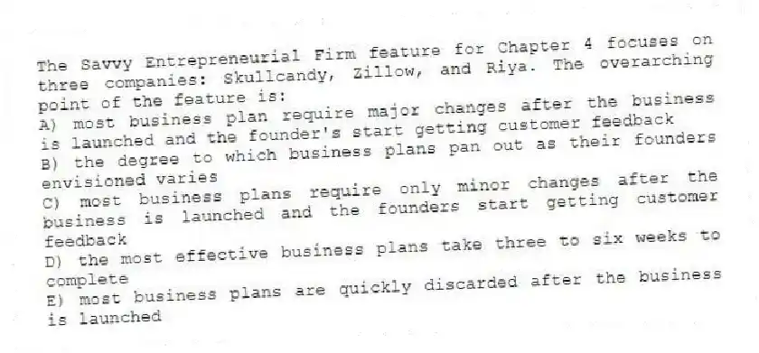The Savvy Entrepreneurial Firm feature for Chapter 4 focuses on three companies: Skullcandy, Zillow, and Riya. The overarching point of the feature is:
A) most business plan require major changes after the business is launched and the founder's start getting customer feedback
B) the degree to which business plans pan out as their founders envisioned varies
C) most business plans require only minor changes after the business is launched and the founders start getting customer feedback
D) the most effective business plans take three to six weeks to complete
E) most business plans are quickly discarded after the business is launched