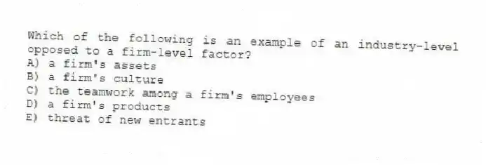 Which of the following is an example of an industry-level opposed to a firm-level factor?
A) a firm's assets
B) a firm's culture
C) the teamwork among a firm's employees
D) a firm's products
E) threat of new entrants