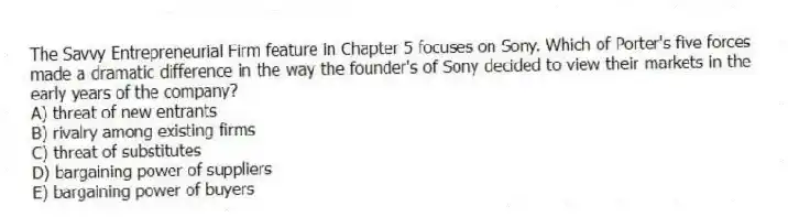 The Savvy Entrepreneurial Firm feature in Chapter 5 focuses on Sony. Which of Porter's five forces made a dramatic difference in the way the founder's of Sony decided to view their markets in the early years of the company?
A) threat of new entrants
B) rivalry among existing firms
C) threat of substitutes
D) bargaining power of suppliers
E) bargaining power of buyers