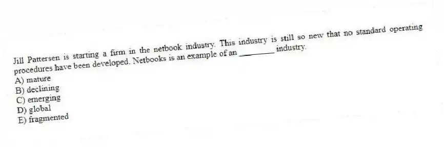 Jill Pattersen is starting a firm in the netbook industry. This industry is still so new that no standard operating procedures have been developed. Netbooks is an example of an ________ industry.
A) mature
B) declining
C) emerging
D) global
E) fragmented