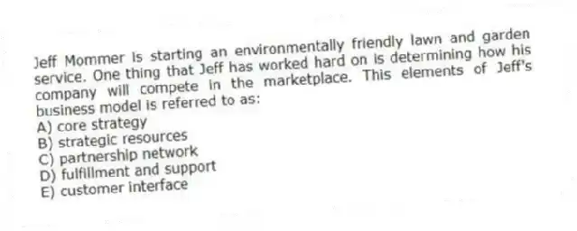 Jeff Mommer is starting an environmentally friendly lawn and garden service. One thing that Jeff has worked hard on is determining how his company will compete in the marketplace. This elements of Jeff's business model is referred to as:
A) core strategy
B) strategic resources
C) partnership network
D) fulfillment and support
E) customer interface