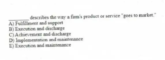 ________ describes the way a firm's product or service "goes to market."
A) Fulfillment and support
B) Execution and discharge
C) Achievement and discharge
D) Implementation and maintenance
E) Execution and maintenance