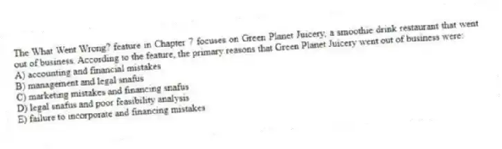 The What Went Wrong? feature in Chapter 7 focuses on Green Planet Juicery, a smoothie drink restaurant that went out of business. According to the feature, the primary reasons that Green Planet Juicery went out of business were:
A) accounting and financial mistakes
B) management and legal snafus
C) marketing mistakes and financing snafus
D) legal snafus and poor feasibility analysis
E) failure to incorporate and financing mistakes