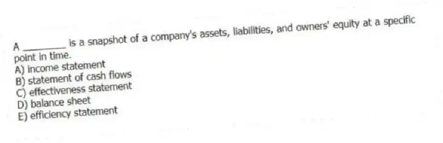 A ________ is a snapshot of a company's assets, liabilities, and owners' equity at a specific point in time.
A) income statement
B) statement of cash flows
C) effectiveness statement
D) balance sheet
E) efficiency statement