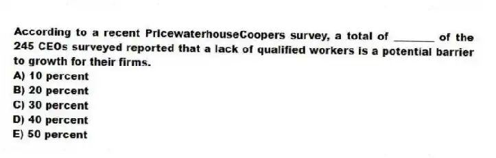 According to a recent PricewaterhouseCoopers survey, a total of ________ of the 245 CEOs surveyed reported that a lack of qualified workers is a potential barrier to growth for their firms.
A) 10 percent
B) 20 percent
C) 30 percent
D) 40 percent
E) 50 percent