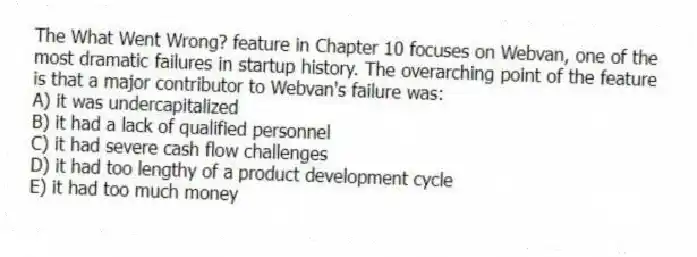 The What Went Wrong? feature in Chapter 10 focuses on Webvan, one of the most dramatic failures in startup history. The overarching point of the feature is that a major contributor to Webvan's failure was:
A) it was undercapitalized
B) it had a lack of qualified personnel
C) it had severe cash flow challenges
D) it had too lengthy of a product development cycle
E) it had too much money