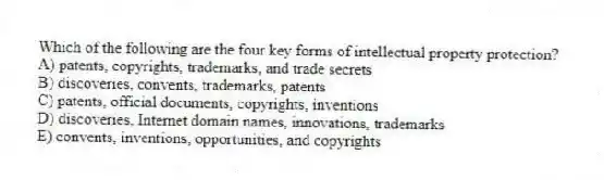 Which of the following are the four key forms of intellectual property protection?
A) patents, copyrights, trademarks, and trade secrets
B) discoveries, convents, trademarks, patents
C) patents, official documents, copyrights, inventions
D) discoveries, Internet domain names, innovations, trademarks
E) convents, inventions, opportunities, and copyrights