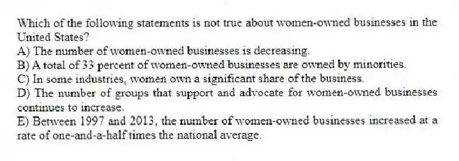 Which of the following statements is not true about women-owned businesses in the United States?
A) The number of women-owned businesses is decreasing.
B) A total of 33 percent of women-owned businesses are owned by minorities.
C) In some industries, women own a significant share of the business.
D) The number of groups that support and advocate for women-owned businesses continues to increase.
E) Between 1997 and 2013, the number of women-owned businesses increased at a rate of one-and-a-half times the national average.
