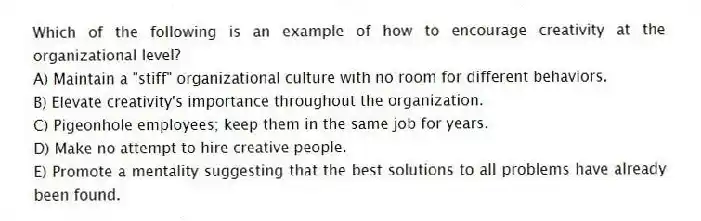 Which of the following is an example of how to encourage creativity at the organizational level?
A) Maintain a "stiff" organizational culture with no room for different behaviors.
B) Elevate creativity's importance throughout the organization.
C) Pigeonhole employees; keep them in the same job for years.
D) Make no attempt to hire creative people.
E) Promote a mentality suggesting that the best solutions to all problems have already been found.
