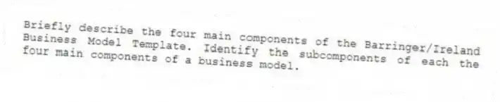 Briefly describe the four main components of the Barringer/Ireland Business Model Template. Identify the subcomponents of each the four main components of a business model.