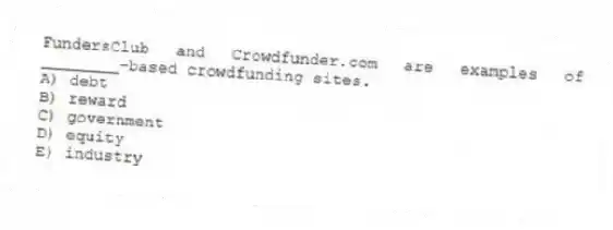 FundersClub and Crowdfunder.com are examples of ________-based crowdfunding sites.
A) debt
B) reward
C) government
D) equity
E) industry