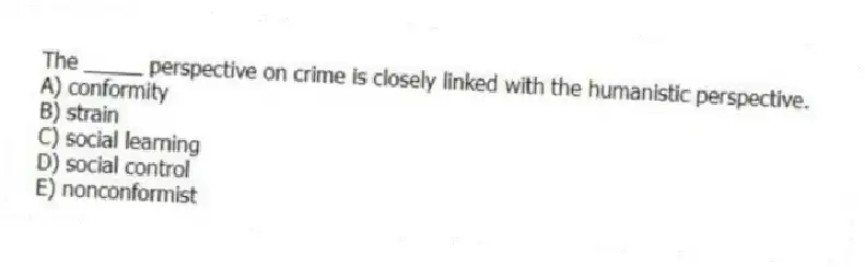 The _____ perspective on crime is closely linked with the humanistic perspective.
A) conformity
B) strain
C) social learning
D) social control
E) nonconformist