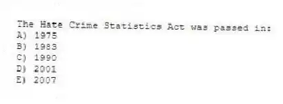 The Hate Crime Statistics Act was passed in:
A) 1975
B) 1983
C) 1990
D) 2001
E) 2007