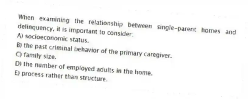 When examining the relationship between single-parent homes and delinquency, it is important to consider:
A) socioeconomic status.
B) the past criminal behavior of the primary caregiver.
C) family size.
D) the number of employed adults in the home.
E) process rather than structure.