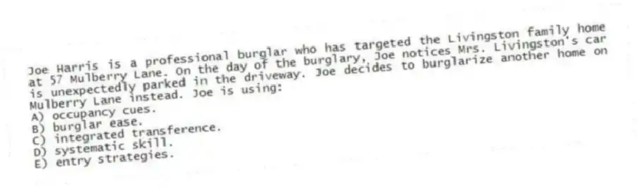Joe Harris is a professional burglar who has targeted the Livingston family home at 57 Mulberry Lane. On the day of the burglary, Joe notices Mrs. Livingston's car is unexpectedly parked in the driveway. Joe decides to burglarize another home on Mulberry Lane instead. Joe is using:
A) occupancy cues.
B) burglar ease.
C) integrated transference.
D) systematic skill.
E) entry strategies.