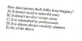 How does larceny-theft differ from burglary?
A) It doesn't involve unlawful entry.
B) It doesn't involve violent crime.
C) It is committed by professionals.
D) It is almost always carefully planned.
E) All of the above
