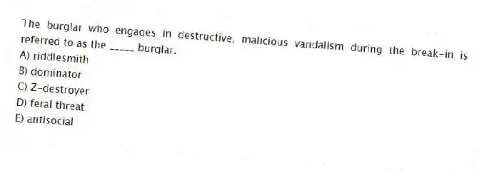 The burglar who engages in destructive, malicious vandalism during the break-in is referred to as the _____ burglar.
A) riddlesmith
B) dominator
C) Z-destroyer
D) feral threat
E) antisocial