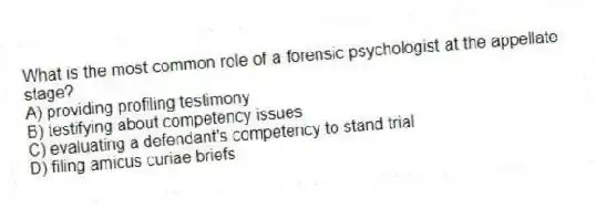 What is the most common role of a forensic psychologist at the appellate stage?
A) providing profiling testimony
B) testifying about competency issues
C) evaluating a defendant's competency to stand trial
D) filing amicus curiae briefs