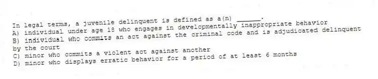 In legal terms, a juvenile delinquent is defined as a(n) ______.
A) individual under age 18 who engages in developmentally inappropriate behavior
B) individual who commits an act against the criminal code and is adjudicated delinquent by the court
C) minor who commits a violent act against another
D) minor who displays erratic behavior for a period of at least 6 months