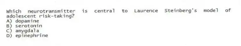 Which neurotransmitter is central to Laurence Steinberg's model of adolescent risk-taking?
A) dopamine
B) serotonin
C) amygdala
D) epinephrine