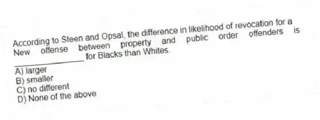 According to Steen and Opsal, the difference in likelihood of revocation for a
New offense between property and public order offenders is _______________ for Blacks than Whites.
A) larger
B) smaller
C) no different
D) None of the above