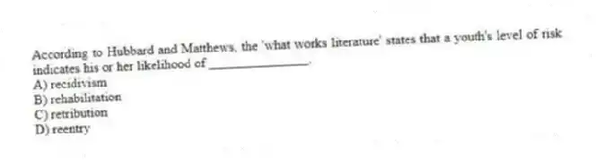 According to Hubbard and Matthews, the 'what works literature' states that a youth's level of risk indicates his or her likelihood of _______________.
A) recidivism
B) rehabilitation
C) retribution
D) reentry
