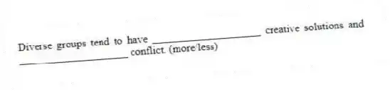 Diverse groups tend to have ____________________ creative solutions and ____________________ conflict. (more/less)