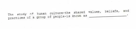 The study of human culture-the shared values, beliefs, and practices of a group of people-is known as ____________________.
