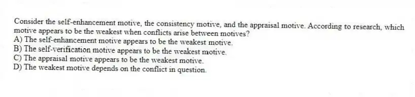 Consider the self-enhancement motive, the consistency motive, and the appraisal motive. According to research, which motive appears to be the weakest when conflicts arise between motives?
A) The self-enhancement motive appears to be the weakest motive.
B) The self-verification motive appears to be the weakest motive.
C) The appraisal motive appears to be the weakest motive.
D) The weakest motive depends on the conflict in question.