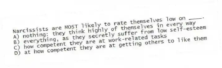 Narcissists are MOST likely to rate themselves low on ____.
A) nothing: they think highly of themselves in every way
B) everything, as they secretly suffer from low self-esteem
C) how competent they are at work-related tasks
D) at how competent they are at getting others to like them
