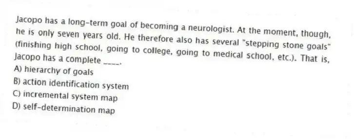 Jacopo has a long-term goal of becoming a neurologist. At the moment, though, he is only seven years old. He therefore also has several "stepping stone goals" (finishing high school, going to college, going to medical school, etc.). That is, Jacopo has a complete ____.
A) hierarchy of goals
B) action identification system
C) incremental system map
D) self-determination map