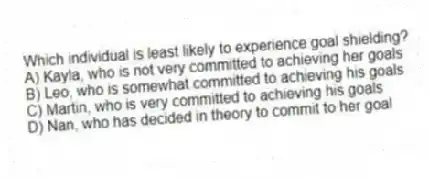 Which individual is least likely to experience goal shielding?
A) Kayla, who is not very committed to achieving her goals
B) Leo, who is somewhat committed to achieving his goals
C) Martin, who is very committed to achieving his goals
D) Nan, who has decided in theory to commit to her goal
