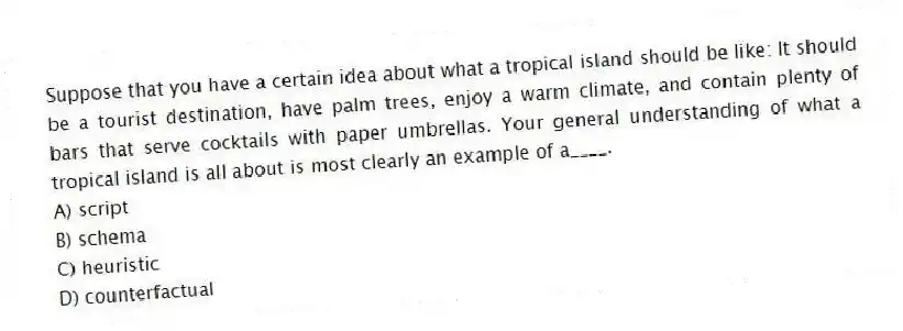 Suppose that you have a certain idea about what a tropical island should be like: It should be a tourist destination, have palm trees, enjoy a warm climate, and contain plenty of bars that serve cocktails with paper umbrellas. Your general understanding of what a tropical island is all about is most clearly an example of a____.
A) script
B) schema
C) heuristic
D) counterfactual