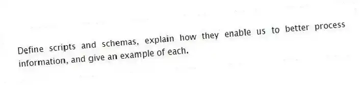 Define scripts and schemas, explain how they enable us to better process information, and give an example of each.